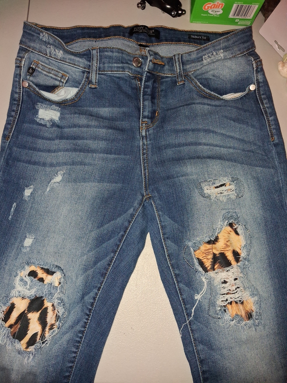 Judy Blue Blue Wash Skinny Jeans with Leopard Patch Accents